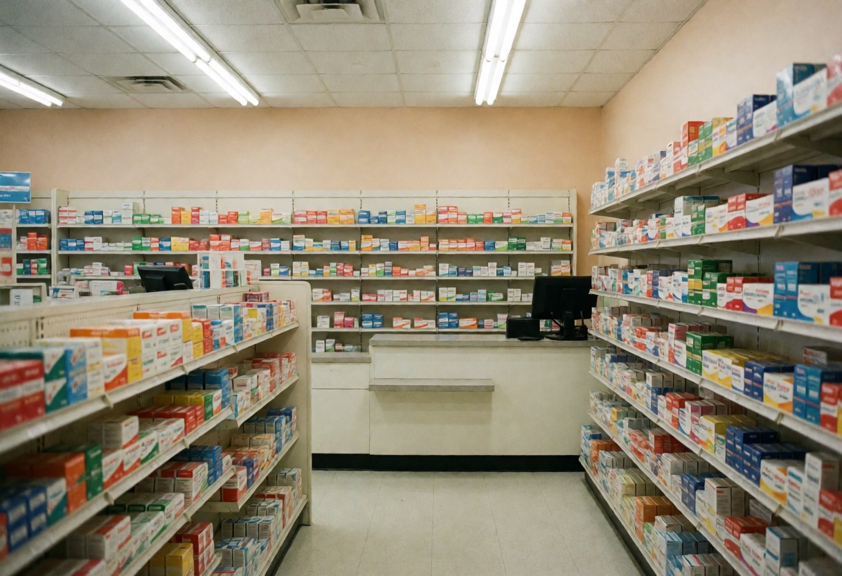 Empty pharmacy interior featuring organized medication shelves, a service counter, fluorescent lighting, and beige walls for business website use