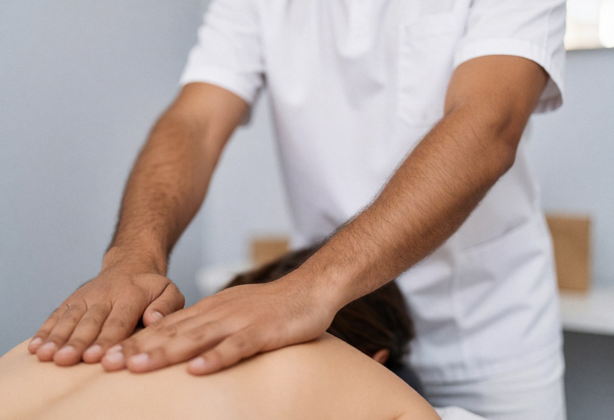 A close-up view of a therapist performing a professional facial massage on a client, focusing on hands and skin care treatment in a salon setting.