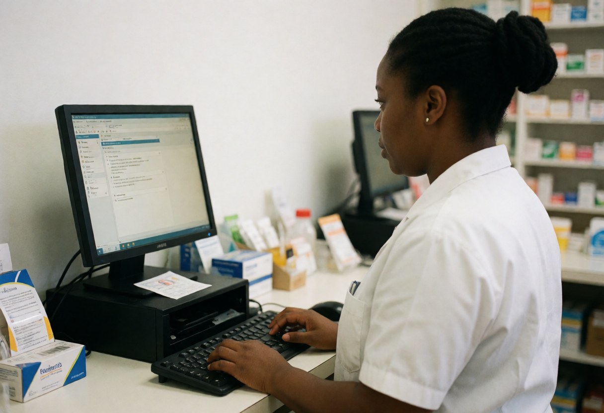 A pharmacist works on a computer in a pharmacy with medications on the counter and shelves in the background under natural light.