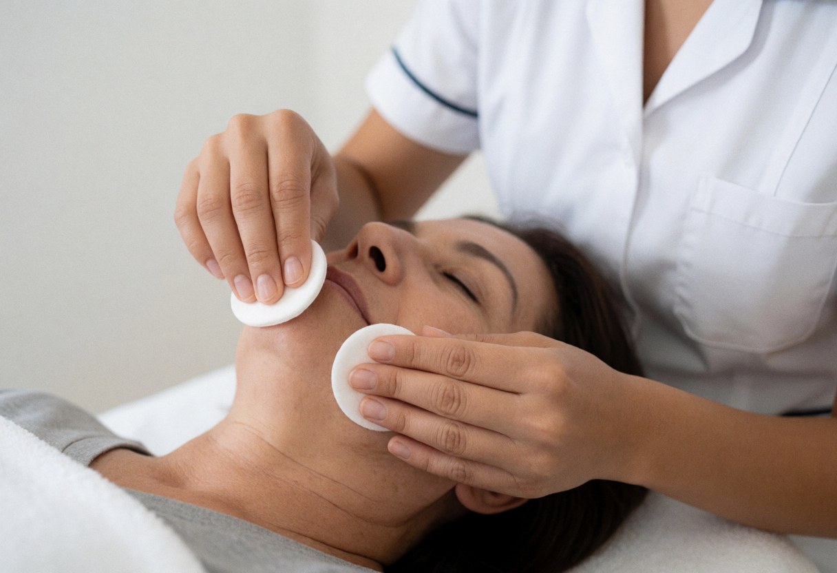 A close-up view of a professional esthetician performing a deep facial cleansing treatment on a client using cotton pads in a bright salon setting