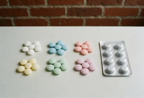 Top-down perspective showing neatly arranged pharmaceutical pills and blister packs on a clean surface, representing healthcare and medical treatment