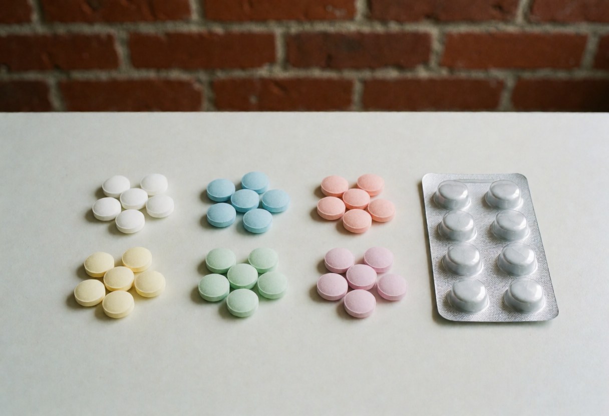Top-down perspective showing neatly arranged pharmaceutical pills and blister packs on a clean surface, representing healthcare and medical treatment