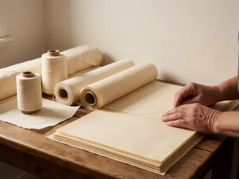 Close-up of artisan hands using paper and thread for bookbinding on a wooden table with warm lighting and organized materials