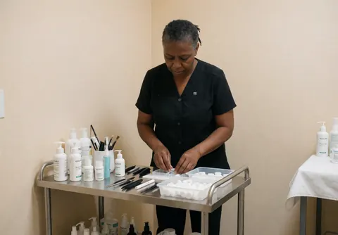 Aesthetician organizing skincare products on a stainless steel cart in a clean, well-lit room, preparing for skin care services