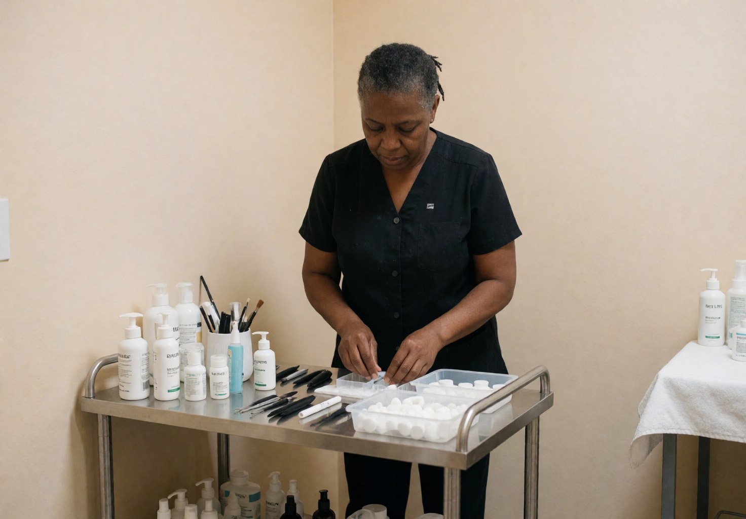 Aesthetician organizing skincare products on a stainless steel cart in a clean, well-lit room, preparing for skin care services