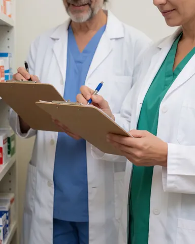 Two pharmacists in white coats writing on clipboards in a well-lit pharmacy with medicine shelves visible in the background.