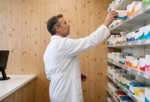 A pharmacist in a clean, professional pharmacy setting takes medication from a wooden shelf, highlighting service in action.