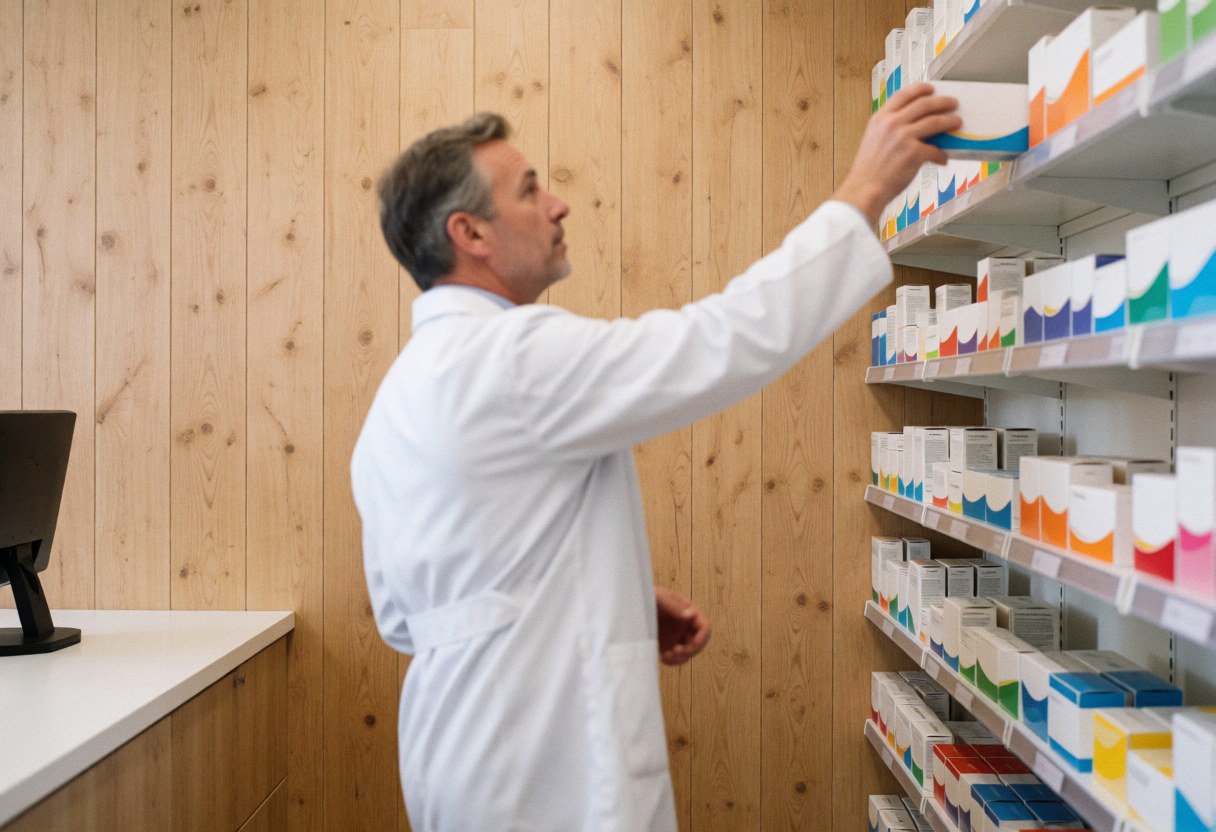 A pharmacist in a clean, professional pharmacy setting takes medication from a wooden shelf, highlighting service in action.