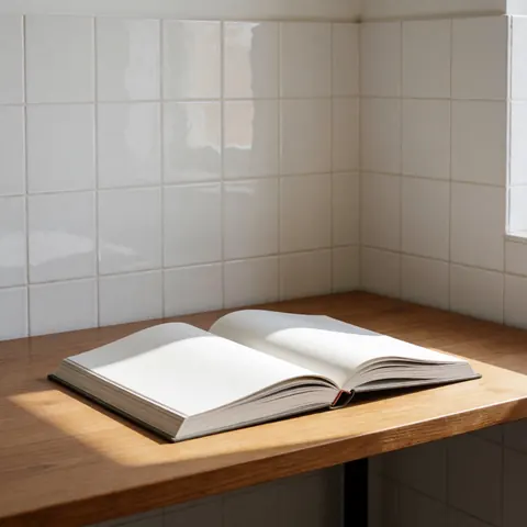 Open art book resting on a wooden table in a minimalist loft with white tiled walls and natural light