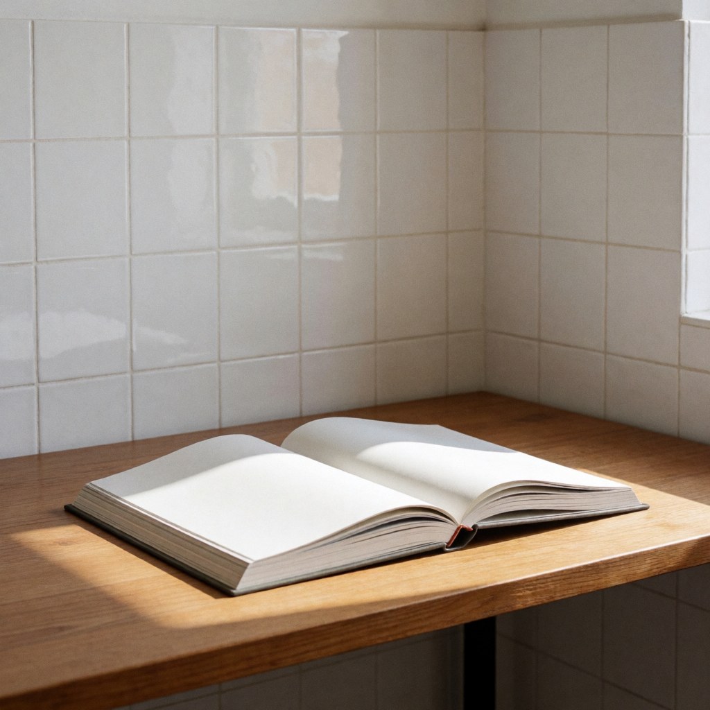 Open art book resting on a wooden table in a minimalist loft with white tiled walls and natural light