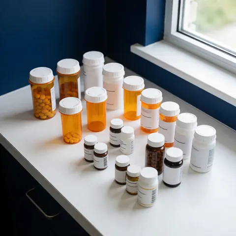 Glass medicine and vitamin bottles arranged on a white pharmacy counter near a window with natural light and a dark blue wall background