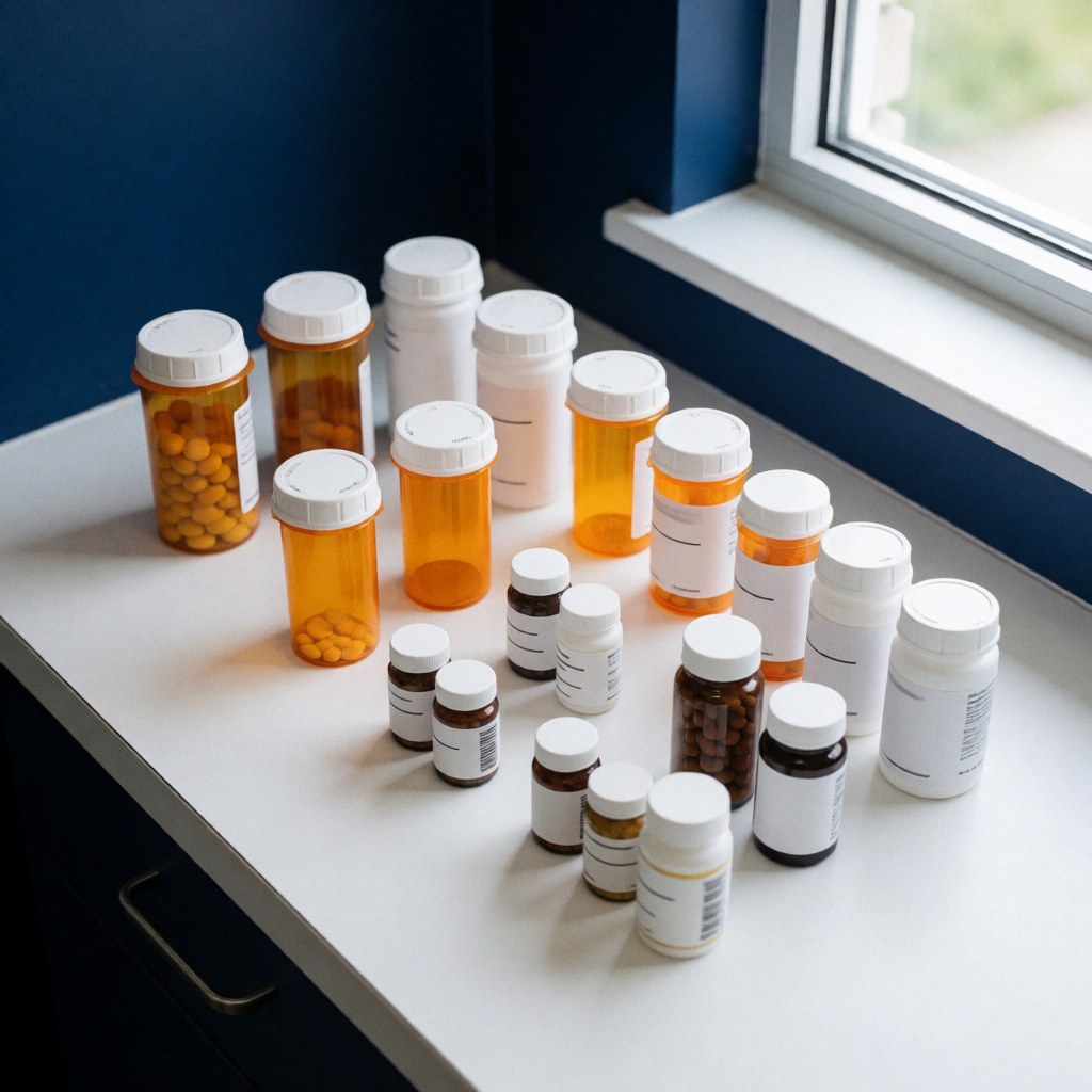 Glass medicine and vitamin bottles arranged on a white pharmacy counter near a window with natural light and a dark blue wall background