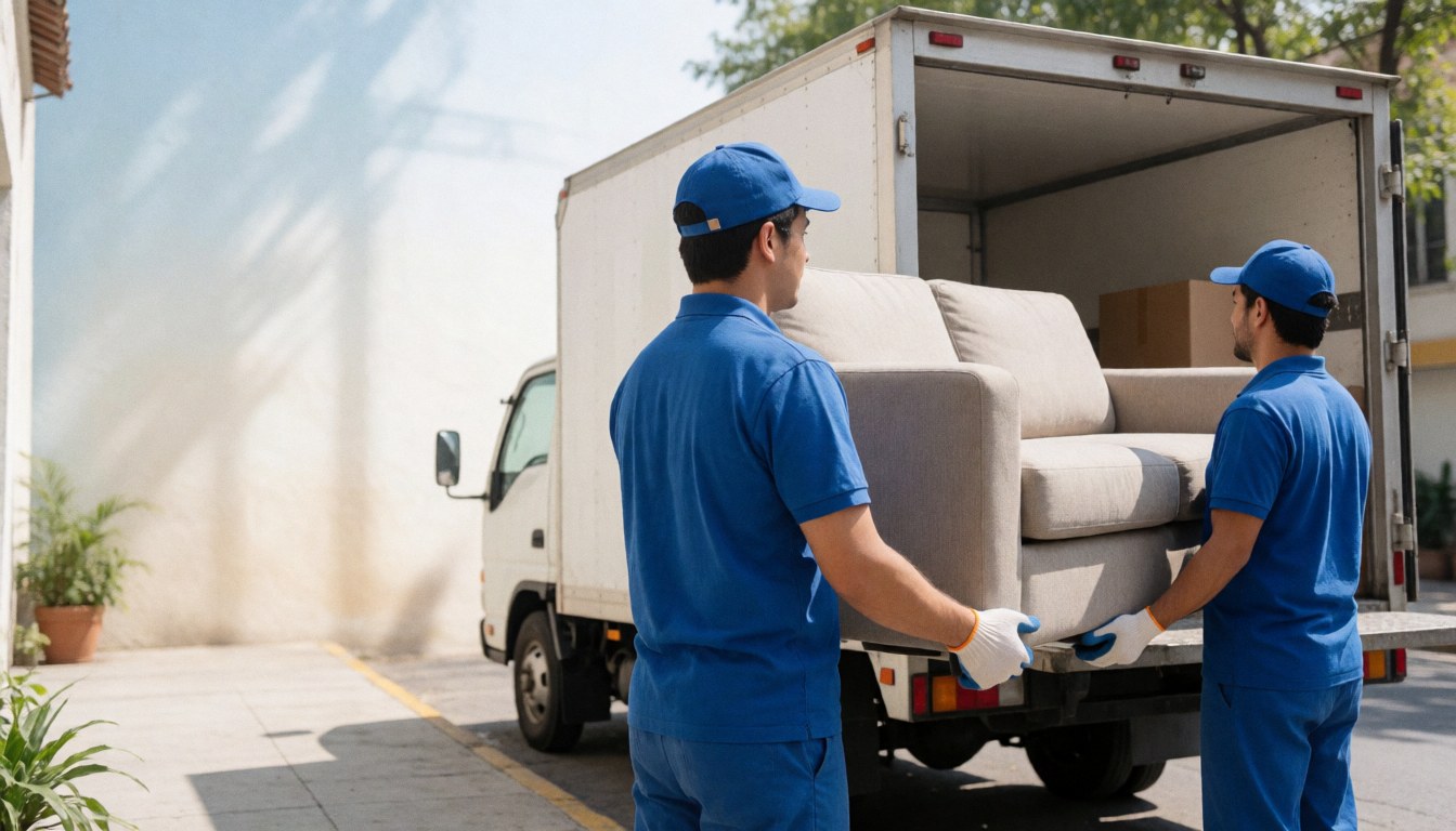 Professional movers transporting furniture in an urban setting for a business moving service
