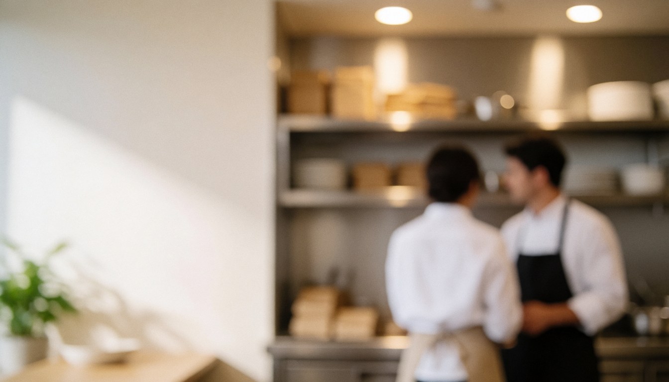 Restaurant kitchen background featuring staff, stainless steel shelves, and warm lighting with copy space on the left