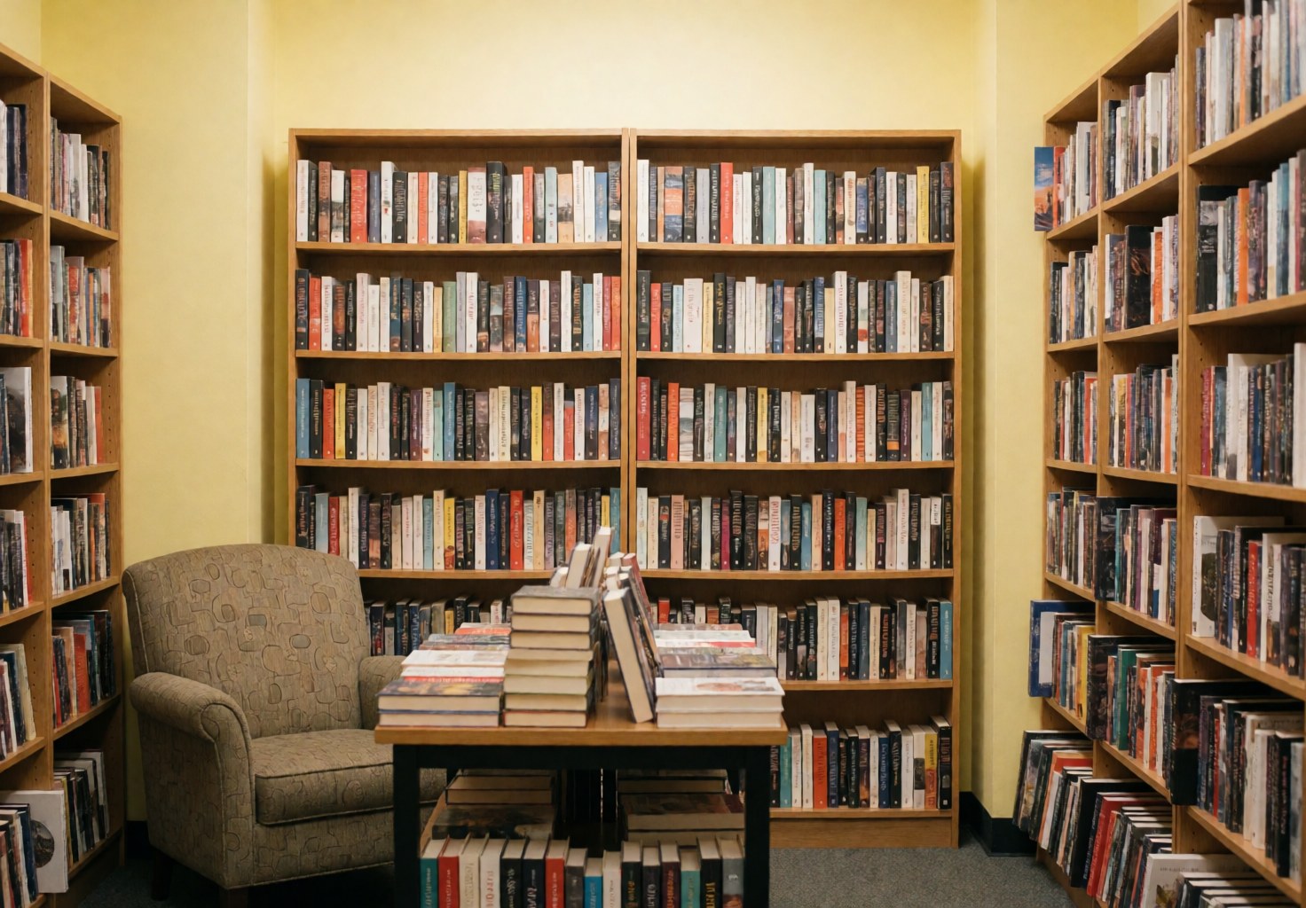 Interior view of a cozy bookstore featuring wooden bookshelves filled with books, a table, and chairs for reading.