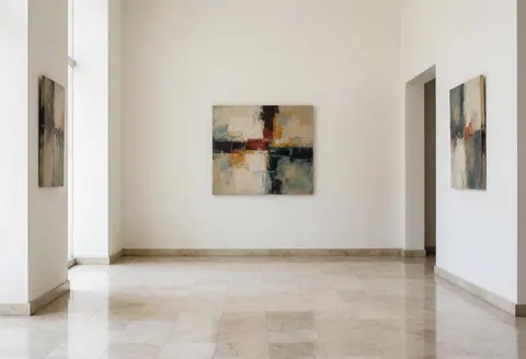 Empty marble-floored banking firm reception with white walls, hanging abstract art, natural light, and a luxurious professional atmosphere.
