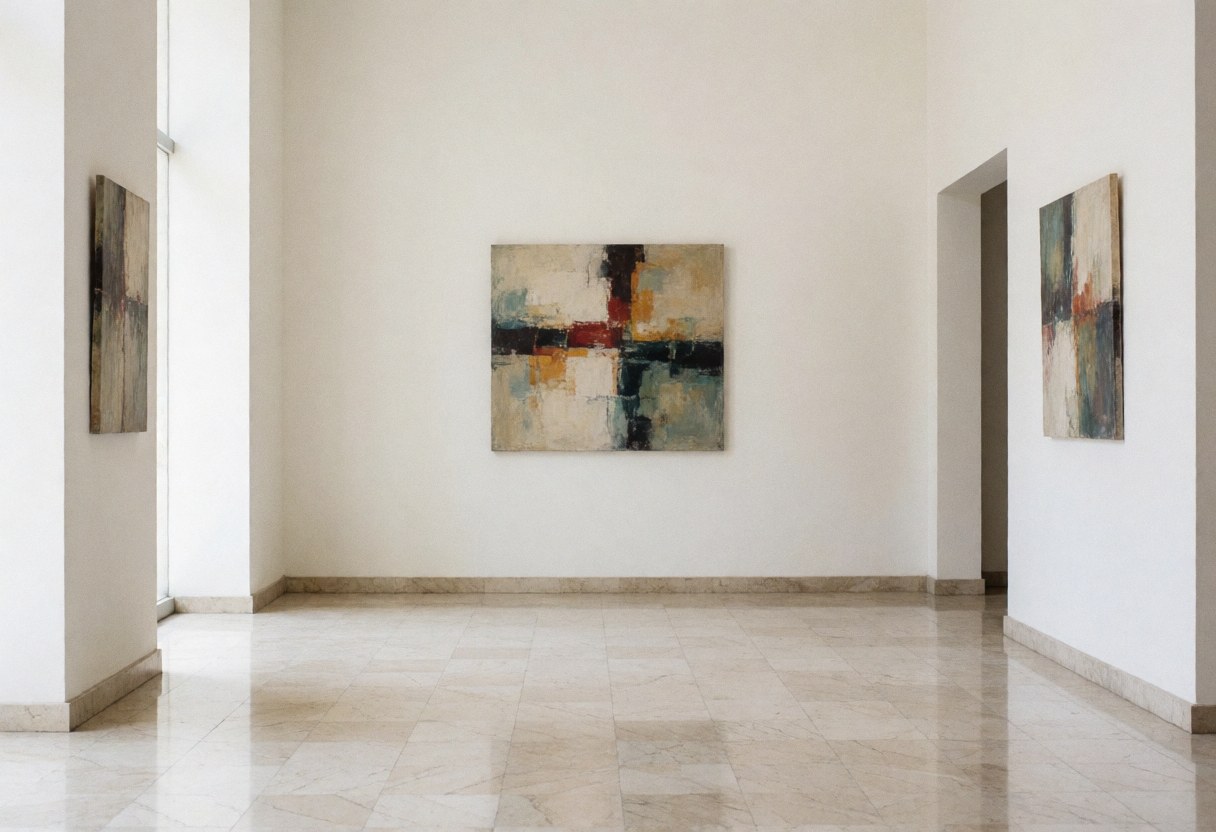Empty marble-floored banking firm reception with white walls, hanging abstract art, natural light, and a luxurious professional atmosphere.