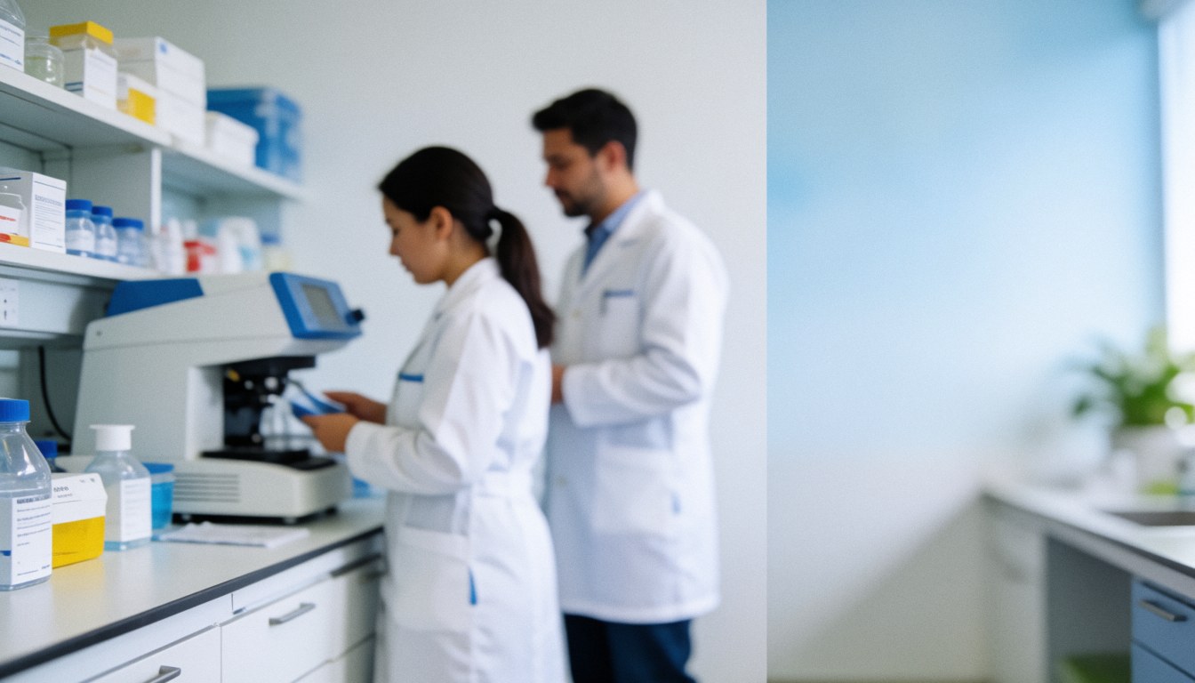 Two lab technicians working with medical equipment in a clinical laboratory with a blurred background and text space