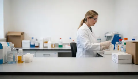 Clinical lab technician wearing gloves and safety glasses, handling samples on a clean bench with reagent bottles in a professional medical laboratory setting