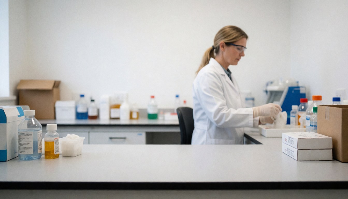 Clinical lab technician wearing gloves and safety glasses, handling samples on a clean bench with reagent bottles in a professional medical laboratory setting