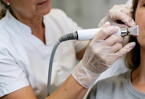 Close up of gloved hands using a hydro facial device on a client's face in a clean professional beauty salon