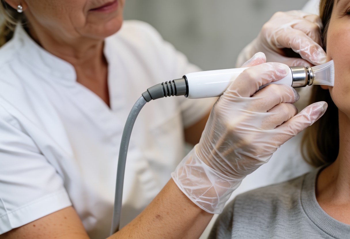Close up of gloved hands using a hydro facial device on a client's face in a clean professional beauty salon