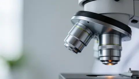 An abstract close-up view of microscope lenses and equipment on a clean white and gray background, suitable for medical lab and science themes.