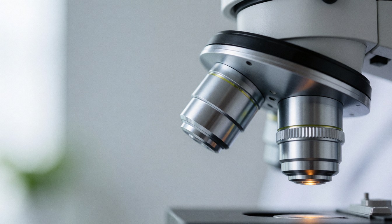 An abstract close-up view of microscope lenses and equipment on a clean white and gray background, suitable for medical lab and science themes.