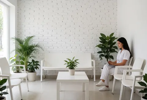 Spacious clinic waiting area featuring white brick walls, white furniture, green plants, and natural light. A person in a white uniform works on a laptop.