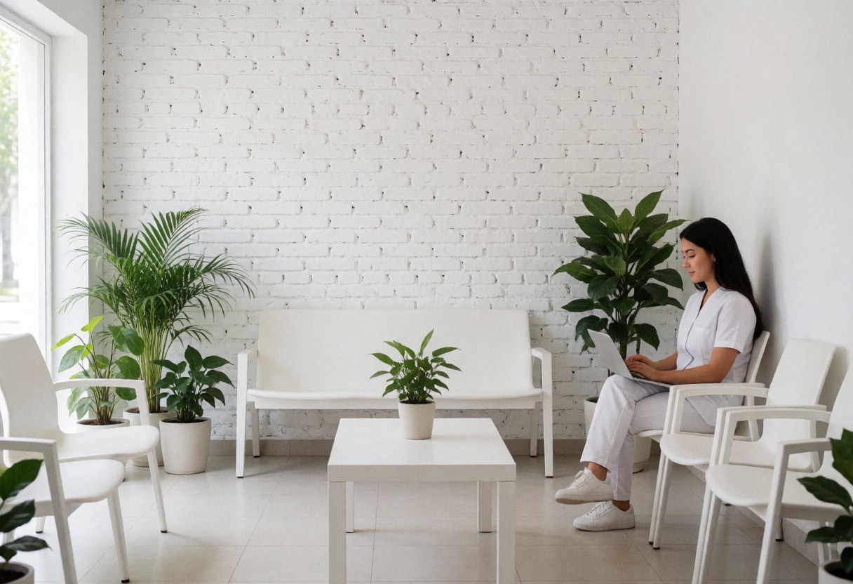 Spacious clinic waiting area featuring white brick walls, white furniture, green plants, and natural light. A person in a white uniform works on a laptop.