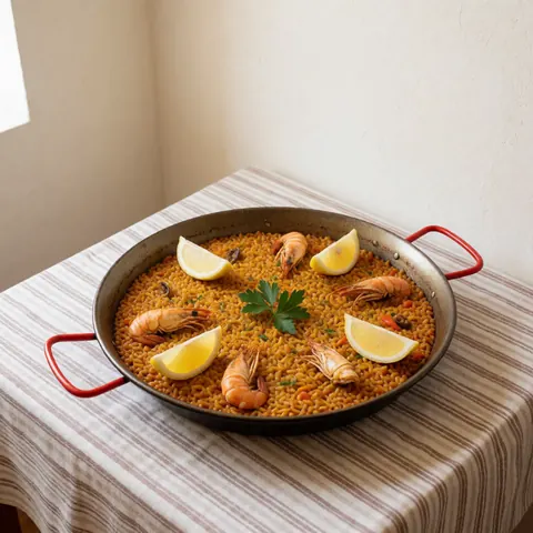 A close-up view of a traditional Spanish paella dish served in a pan, garnished with fresh parsley and lemon wedges, ready for dining.