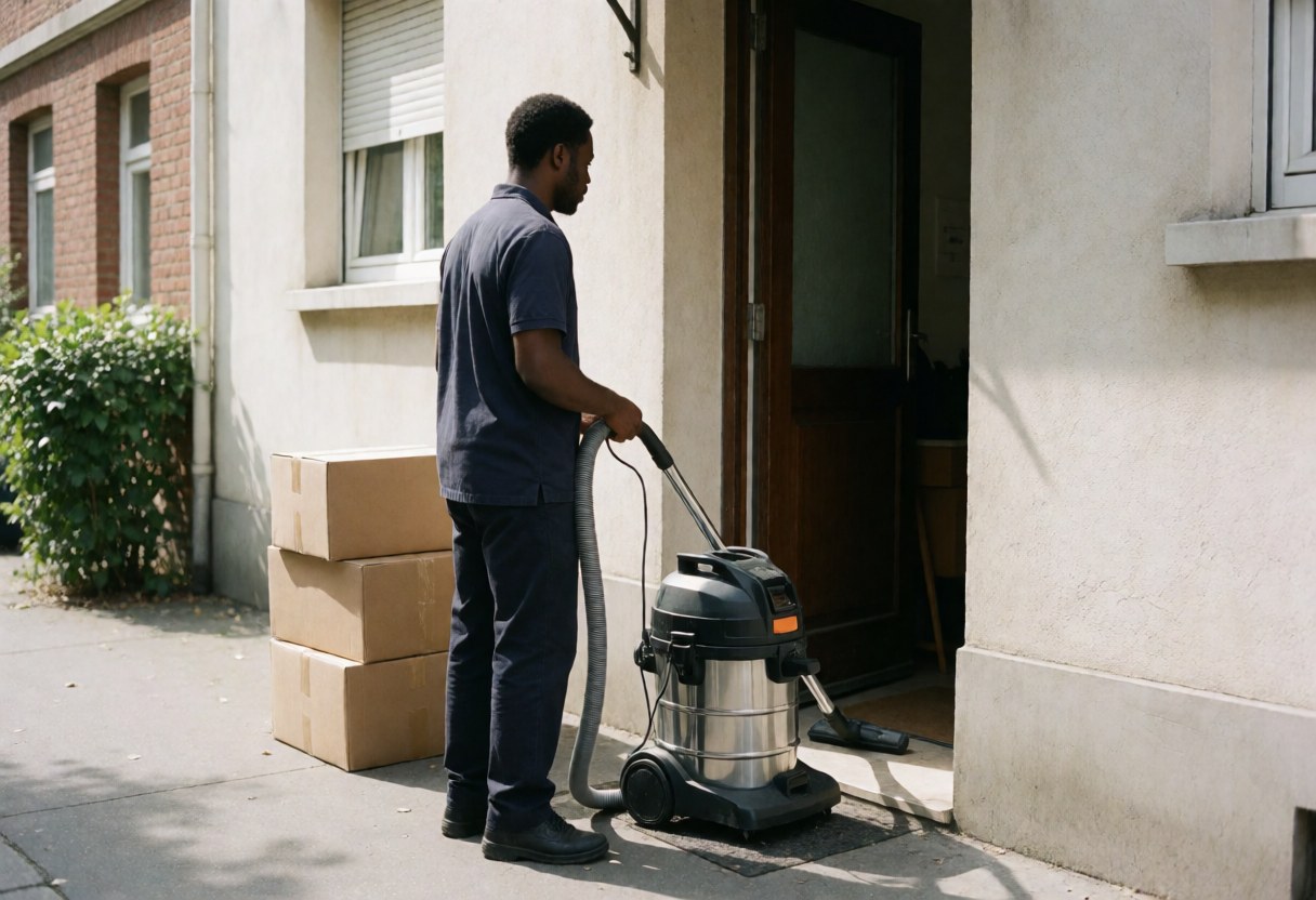 A professional cleaner in uniform performing exterior cleaning services at a residential home entrance on a sunny day