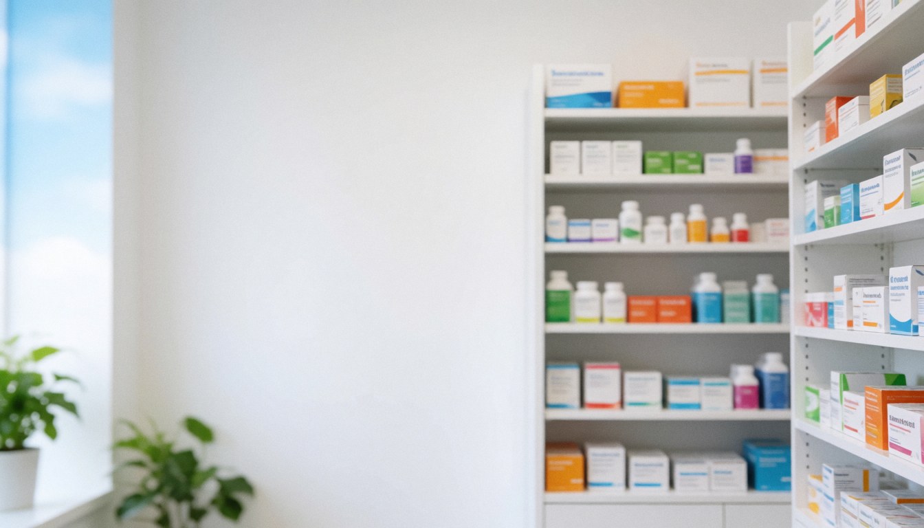 Clean white pharmacy background with medicine shelves, ideal for text overlay, professional and sterile environment
