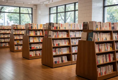 An empty bookstore interior featuring wooden shelves filled with colorful books, natural light from windows, and a polished wooden floor creating a cozy atmosphere.