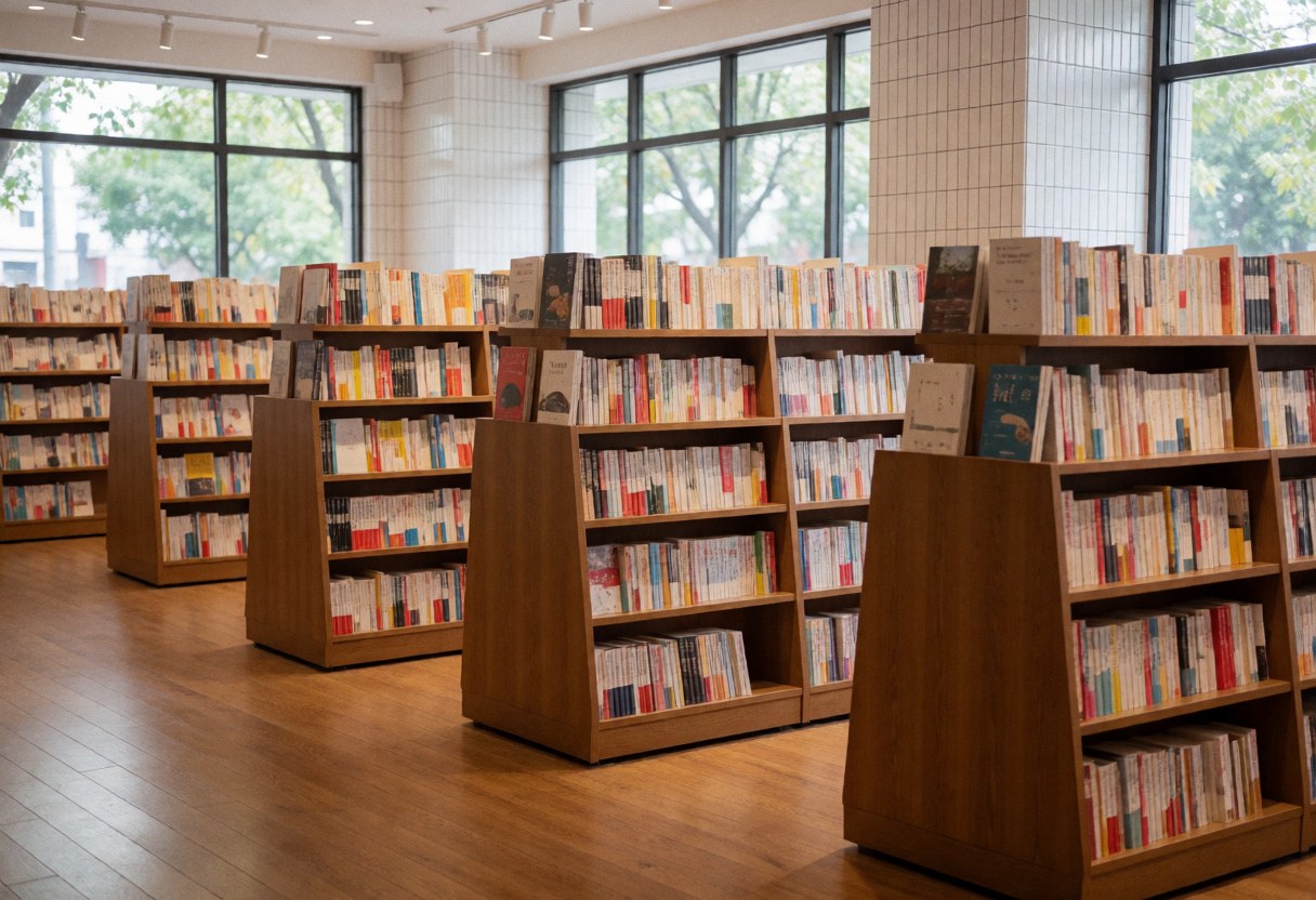 An empty bookstore interior featuring wooden shelves filled with colorful books, natural light from windows, and a polished wooden floor creating a cozy atmosphere.
