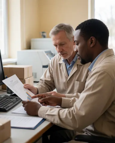 Two lab technicians review documents and charts at a table with laboratory equipment under natural light in a professional setting