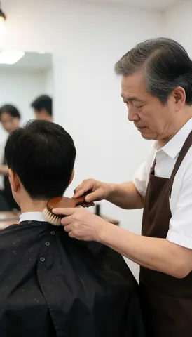 Professional barber using a wooden brush to clean the neck of a client in a modern barbershop with natural light.