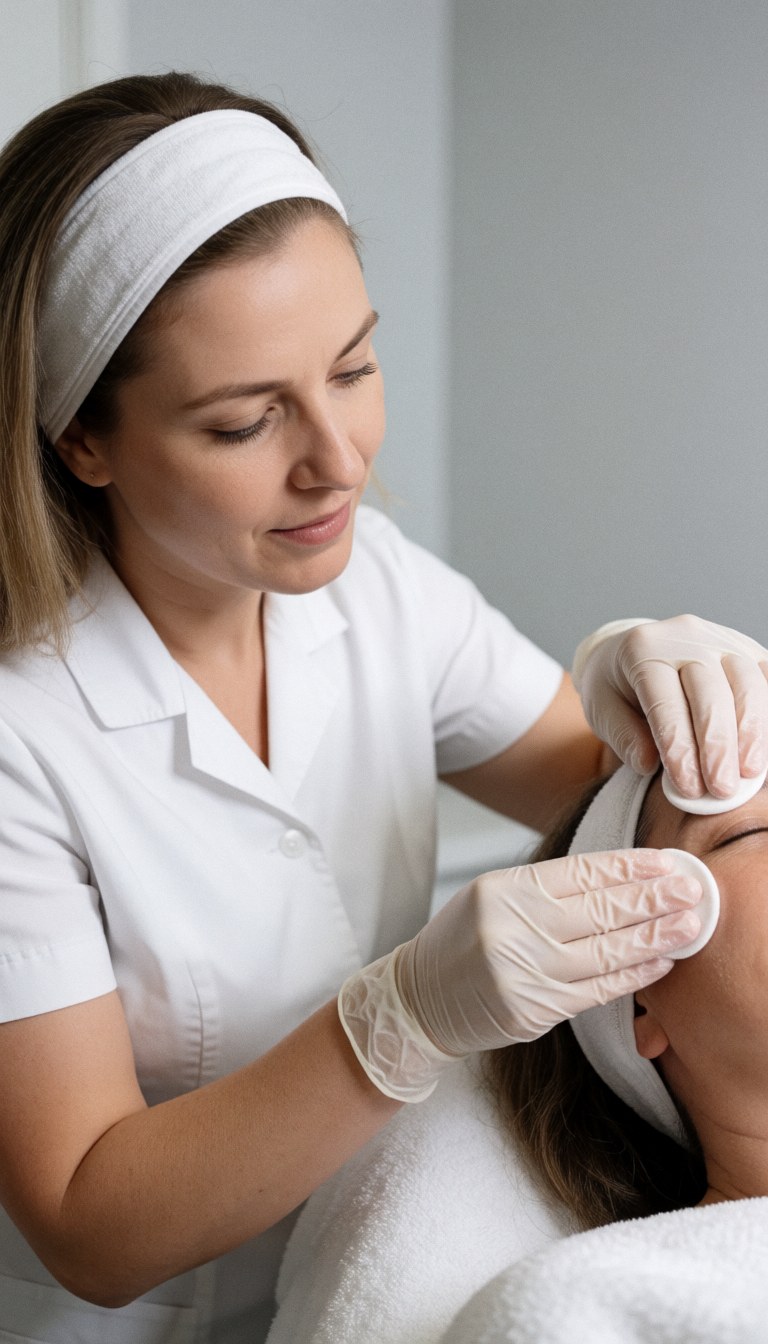 A close-up view of a client receiving a professional facial cleansing service in a beauty salon setting, highlighting the skincare process.