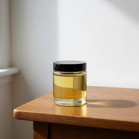 Jar of beard oil on wooden table, natural light, clean composition, professional stock photo for barber shop.