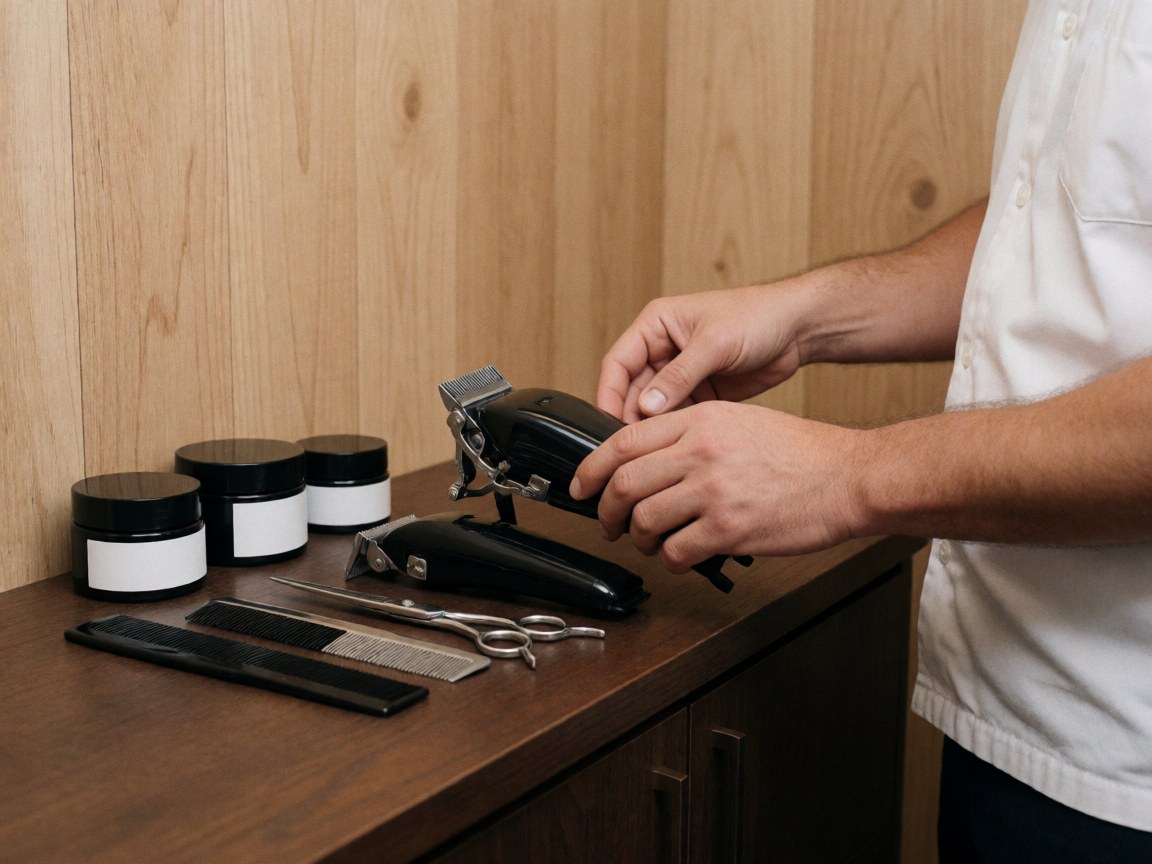 Close-up of barber clippers, scissors, comb, and pomade arranged on a wooden counter with natural paneling walls.