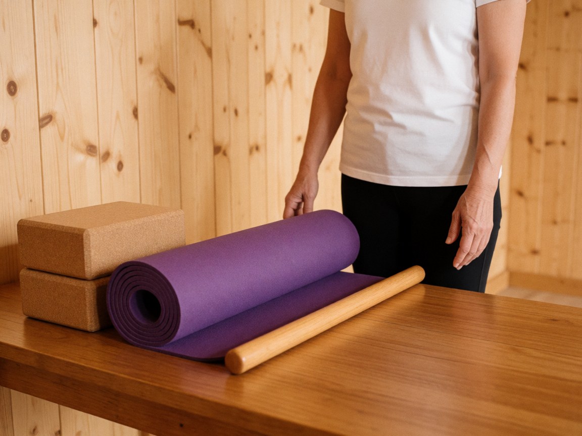 Cork yoga blocks, a purple blanket, and a wooden board arranged on a wooden table in a warm, natural interior setting.