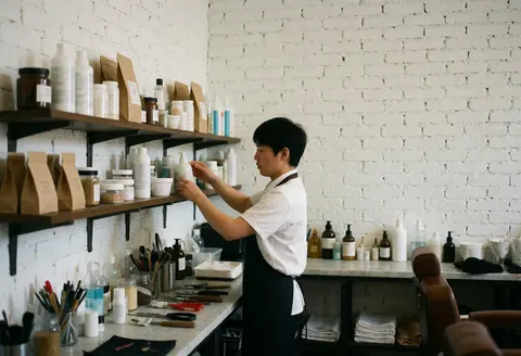 Barber arranging items on a shelf in a shop with white brick walls, natural light, and visible tools and chairs