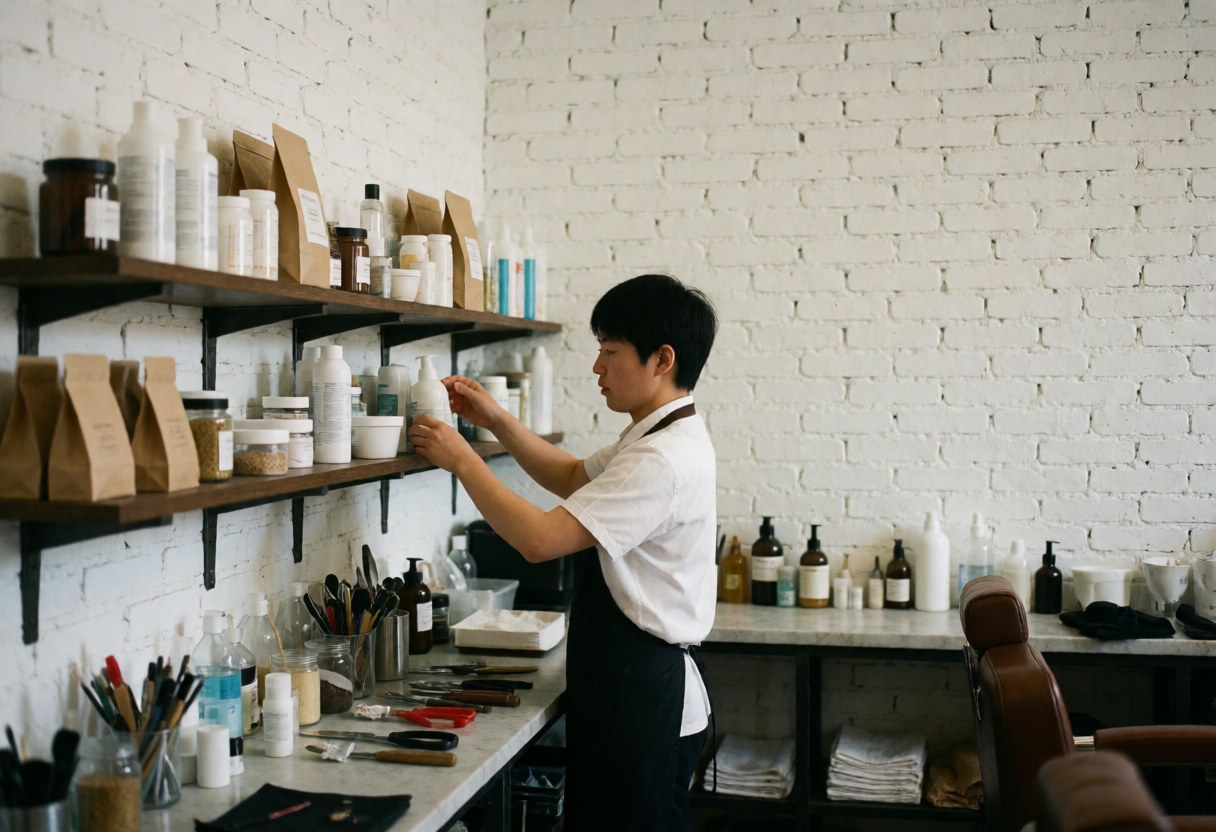 Barber arranging items on a shelf in a shop with white brick walls, natural light, and visible tools and chairs