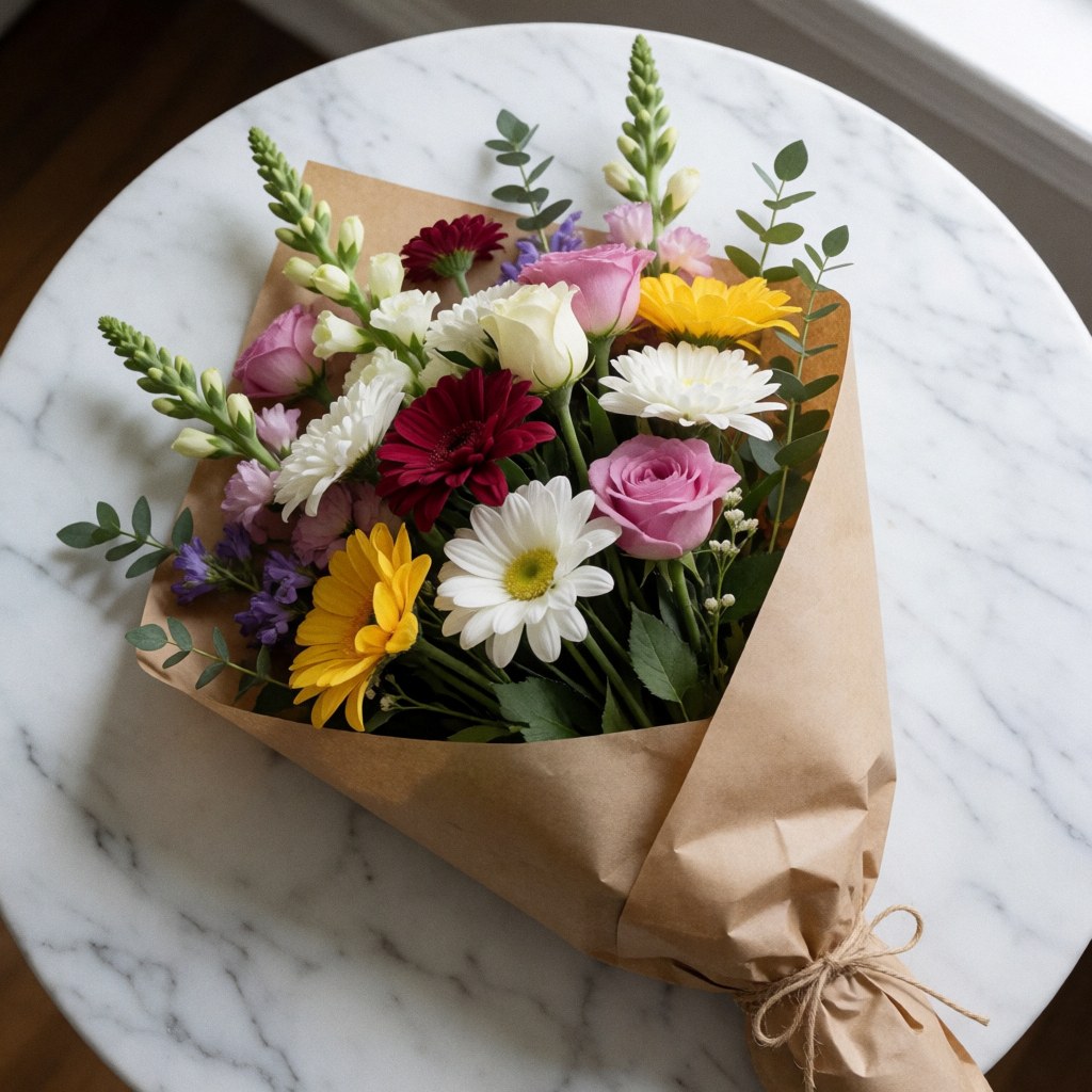 Fresh bouquet of roses, gerberas, and daisies wrapped in kraft paper on a white marble table with soft natural light