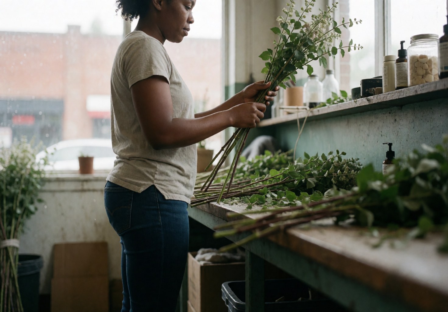 Professional florist arranging flower stems in a workshop with natural light and blurred background, showing careful attention to detail.