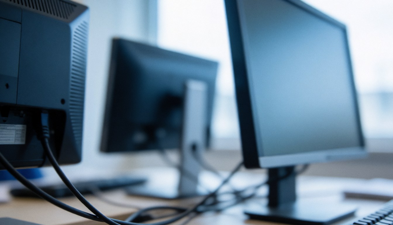 Abstract background of an it office featuring computer monitors, cables, and a desk, suitable for technology support text overlays