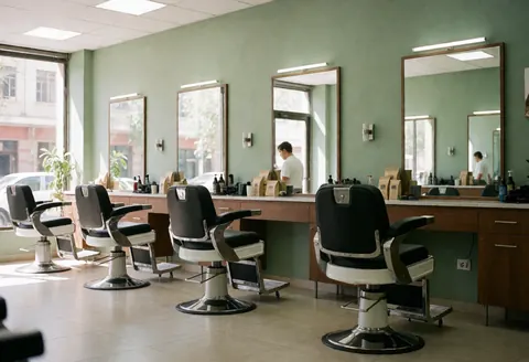 Clean and well-lit modern barbershop featuring green walls, barber chairs, and large mirrors for haircuts.