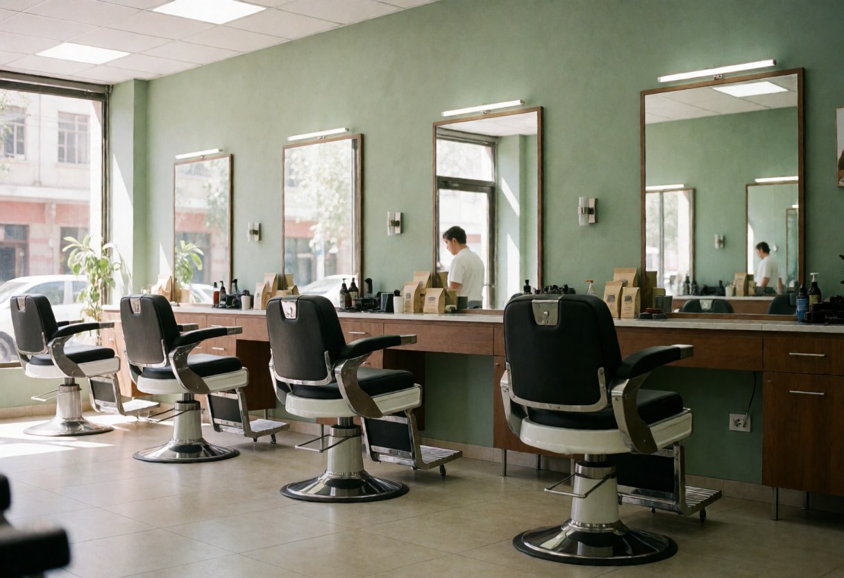 Clean and well-lit modern barbershop featuring green walls, barber chairs, and large mirrors for haircuts.