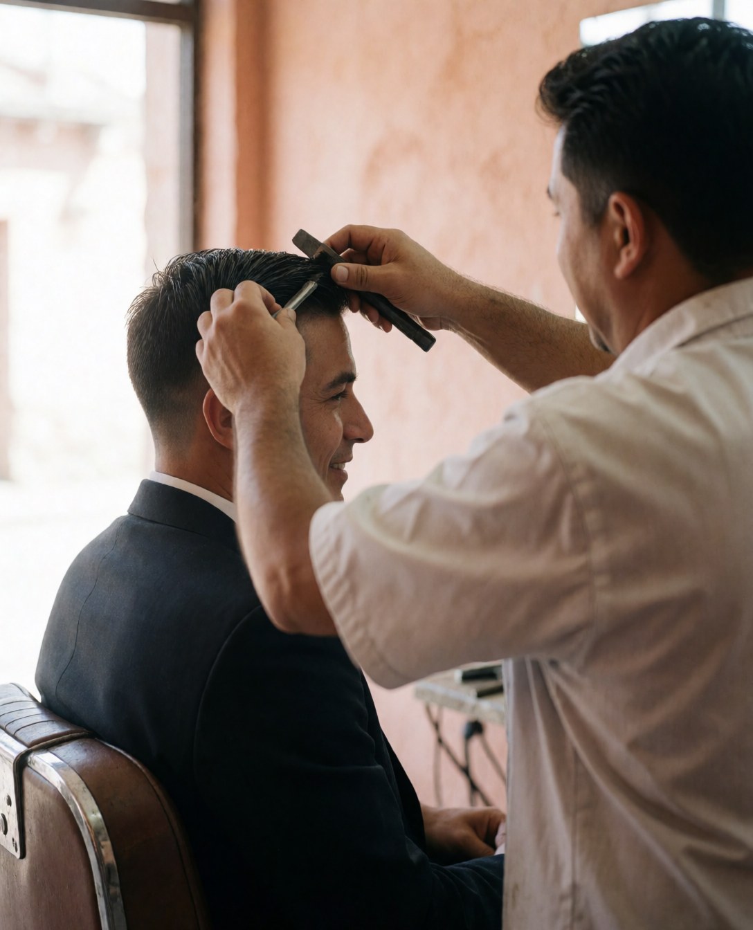 A smiling man sits in a barber chair after receiving a professional haircut, looking pleased with his new style in a well-lit shop.