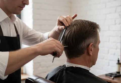 A professional barber uses scissors and a comb to cut a client's hair in a barbershop with a white brick wall.